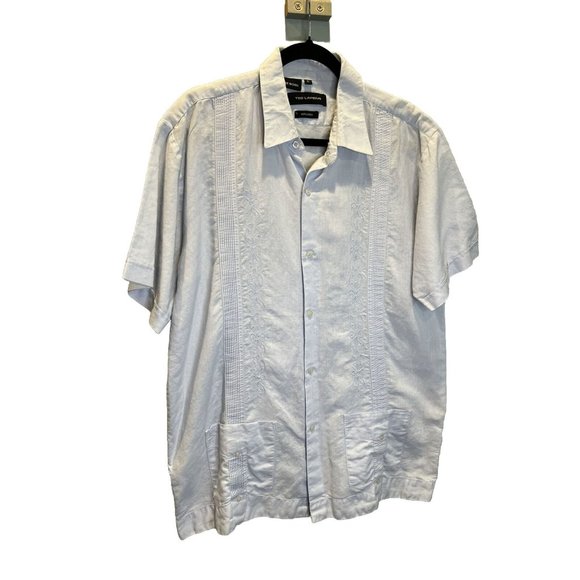 Ted‎ Lapidus Paris Mens Shirt Embroidered 100% Linen Short Sleeve Pockets Size L - Picture 1 of 7